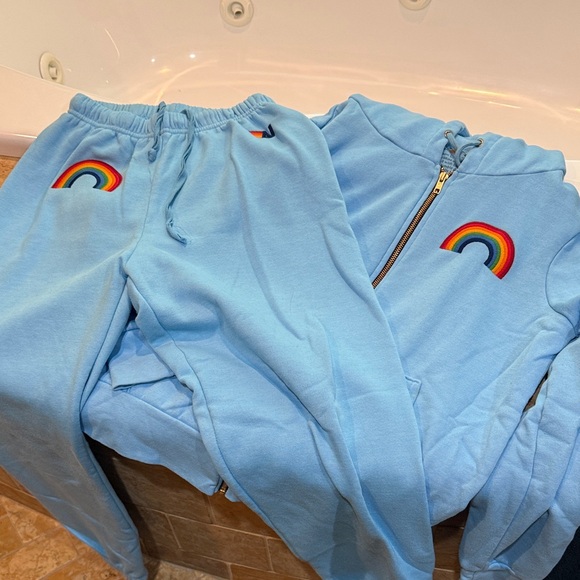 AVIATOR NATION LIMITED EDITION rainbow sweatsuit turquoise blue sz small - Picture 1 of 3